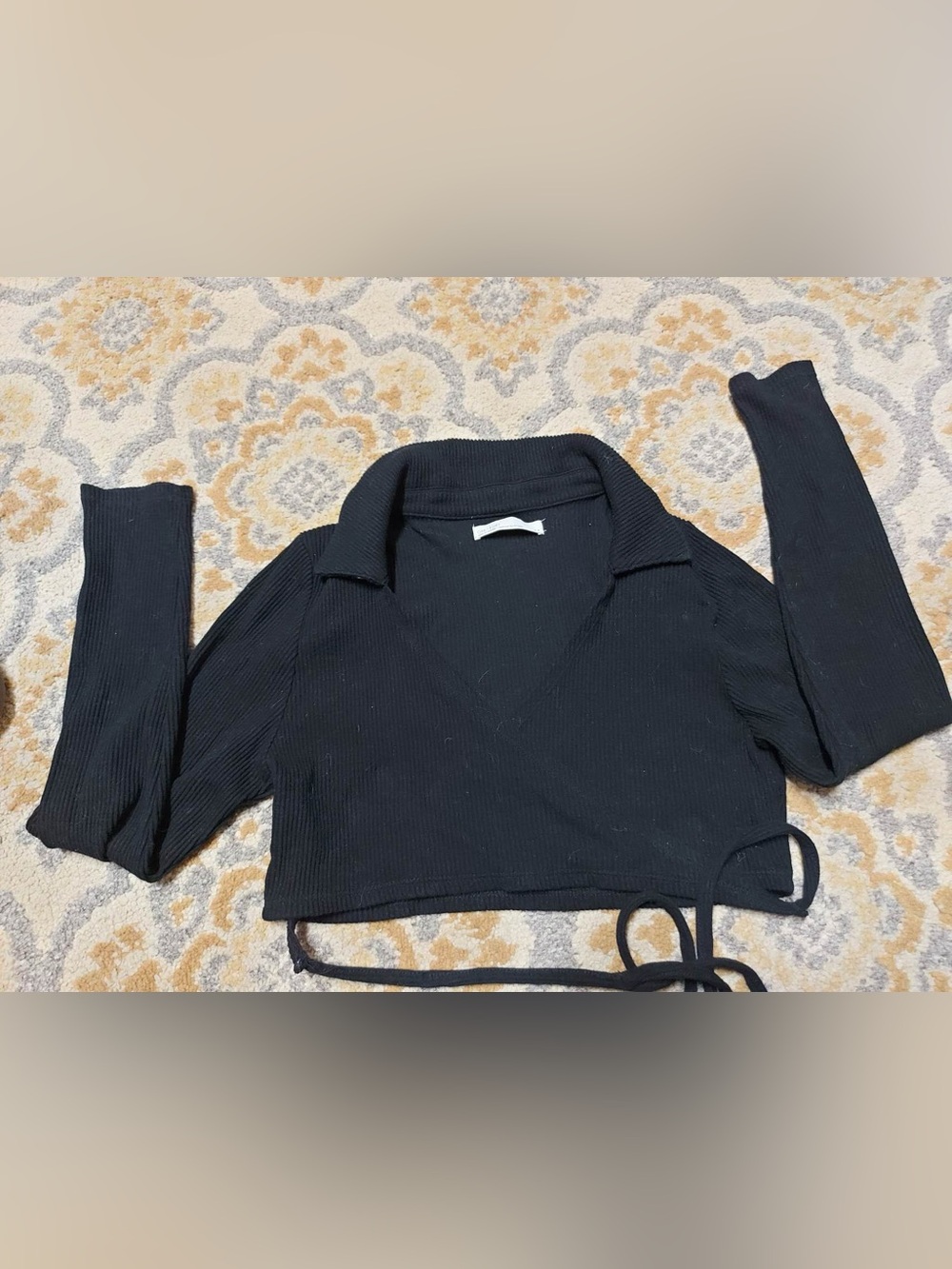 Oak + Fort black ribbed tie back long sleeve wrap top